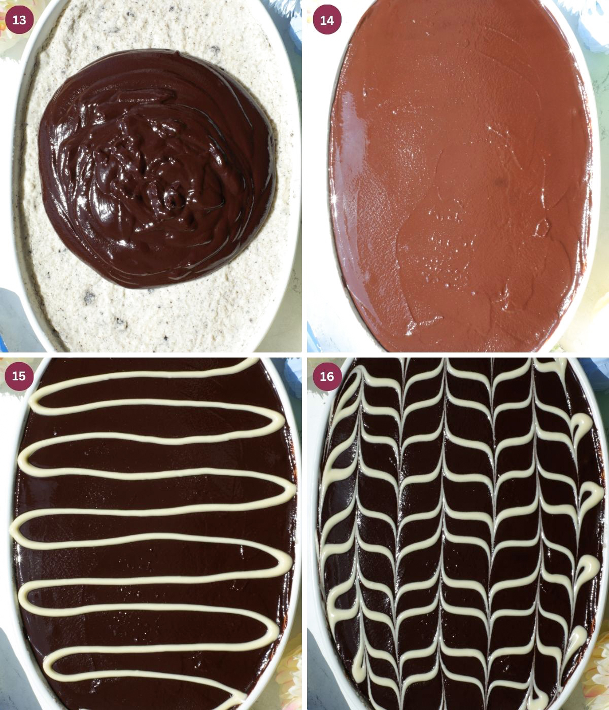 Oreo dessert with chocolate ganache and white chocolate in a pattern.
