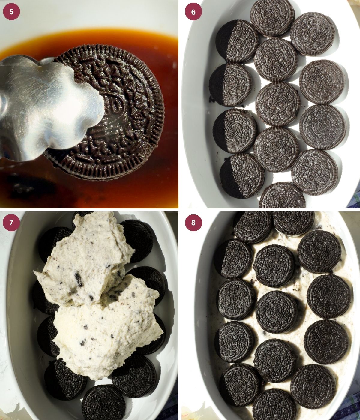 Oreo dipped in coffee in an oval dish with a layer of creamy Oreo.