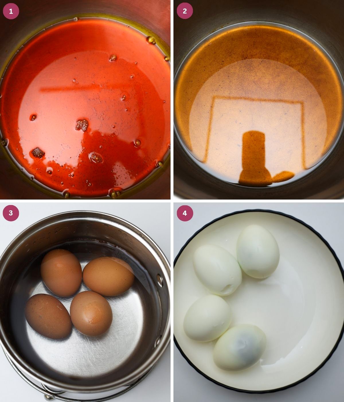 Palm oil bleached in a pot and boiled eggs peeled.