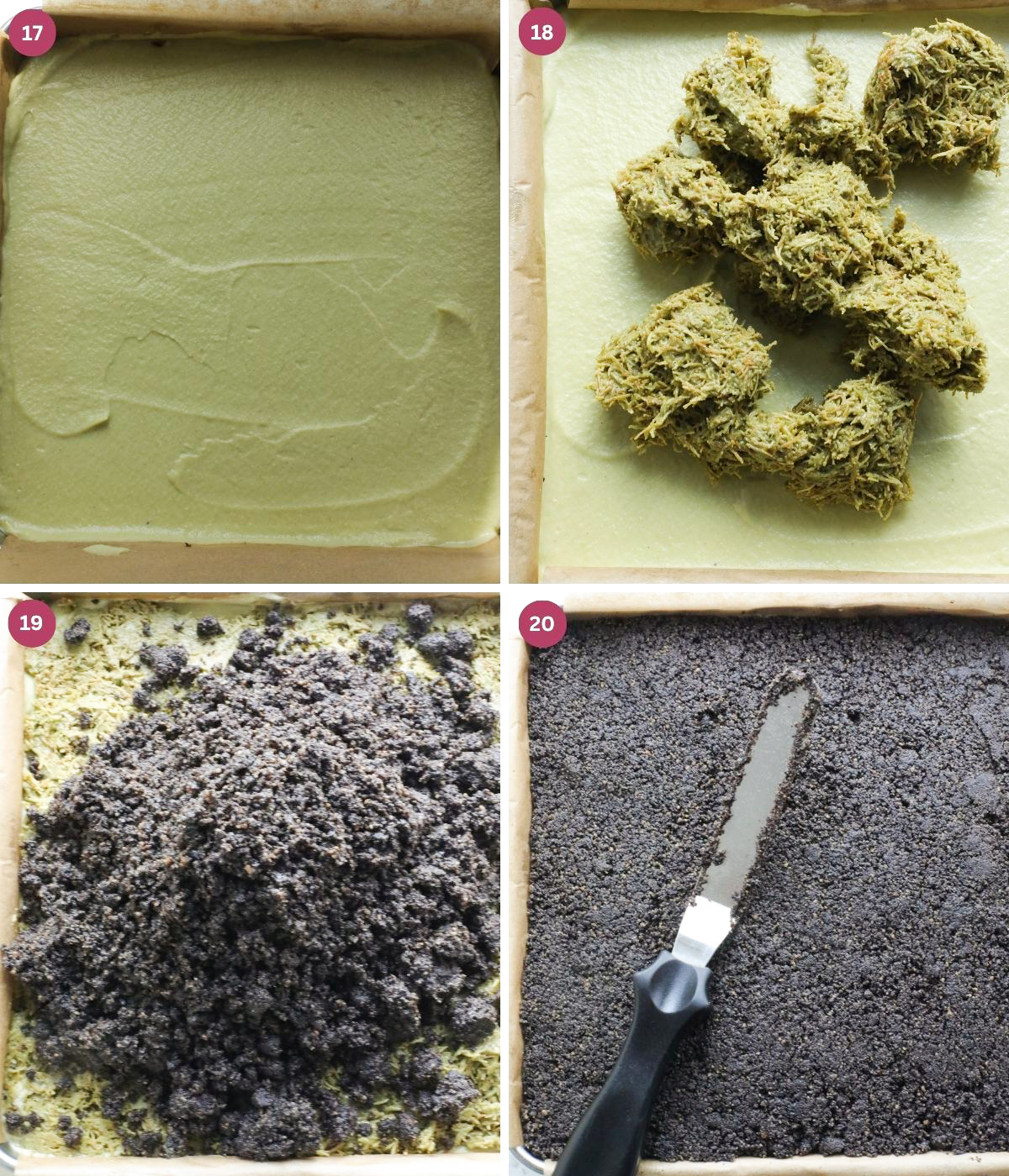 Pistachio ice cream with pistachio kanafi and oreos crumbs flattened on top.