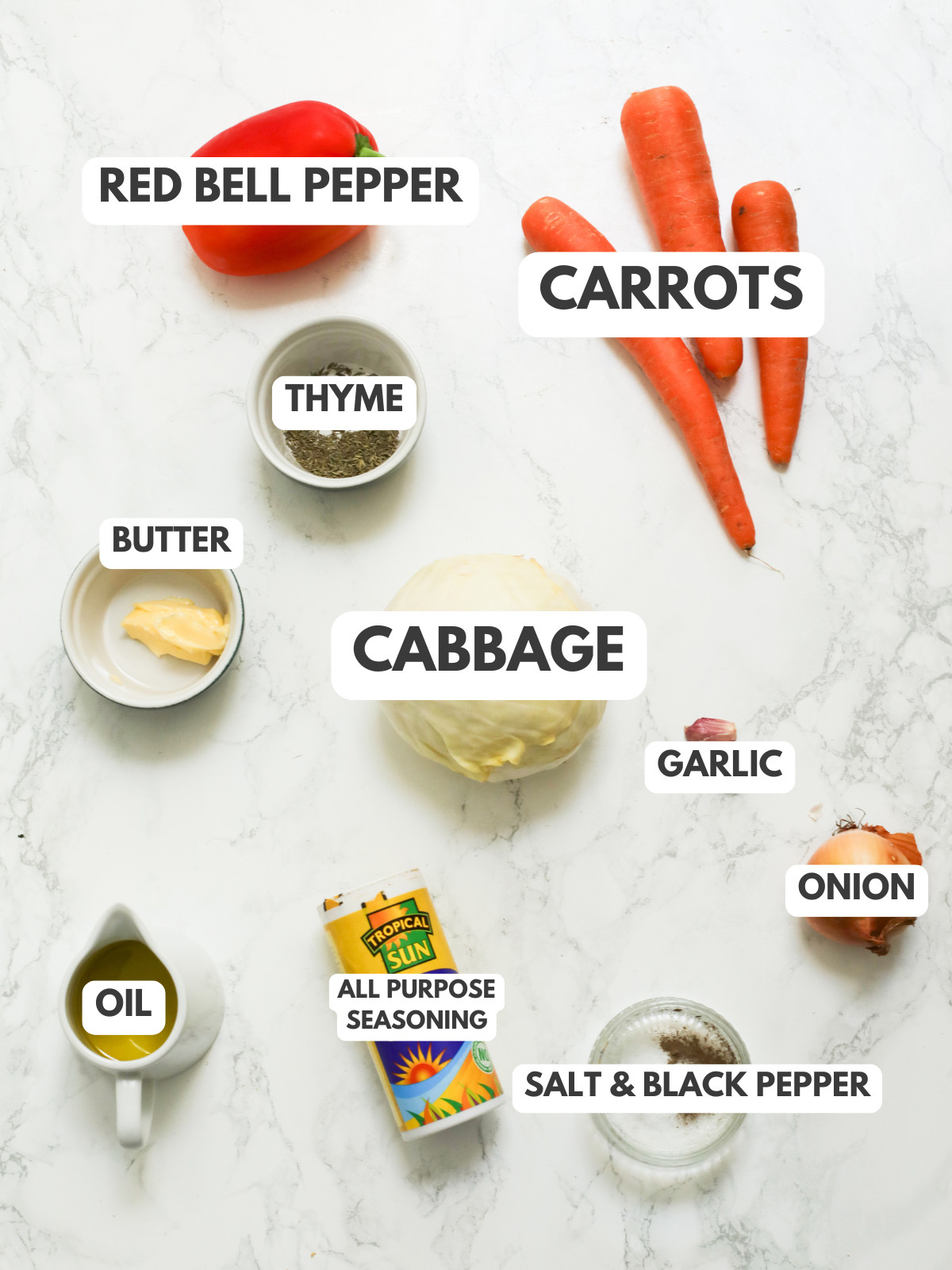 Red bell pepper, carrots, thyme, butter, cabbage, garlic, onion, salt, pepper, oil and all purpose seasonings.