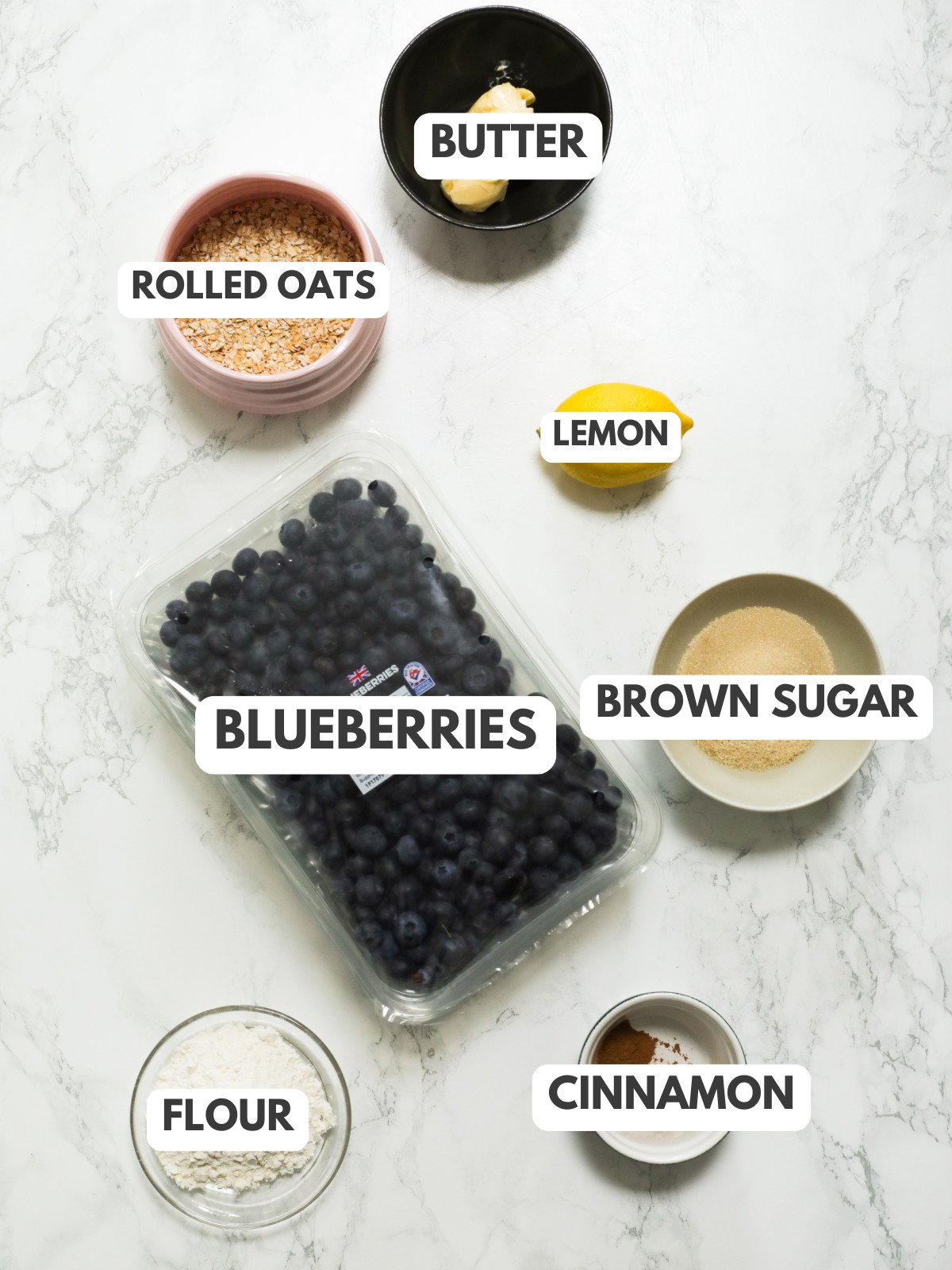 Rolled oats, butter, lemon, blueberries, brown sugar, cinnamon and flour.