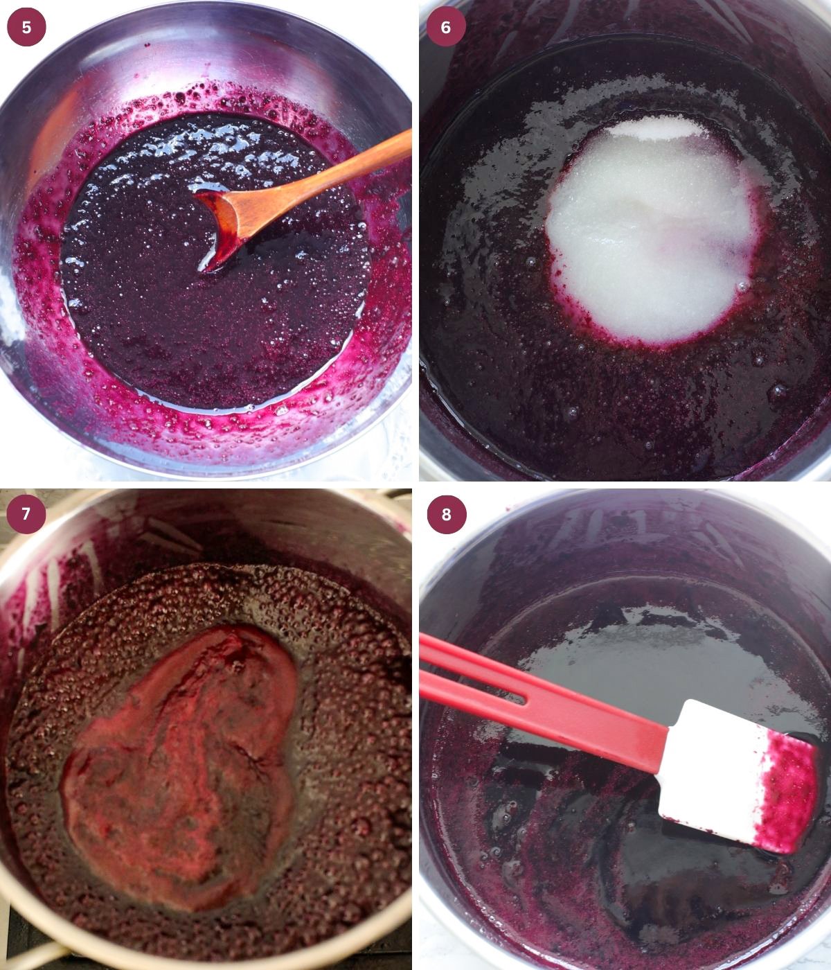 Strained blueberries, sugar and lemon juice simmered in a pot. 