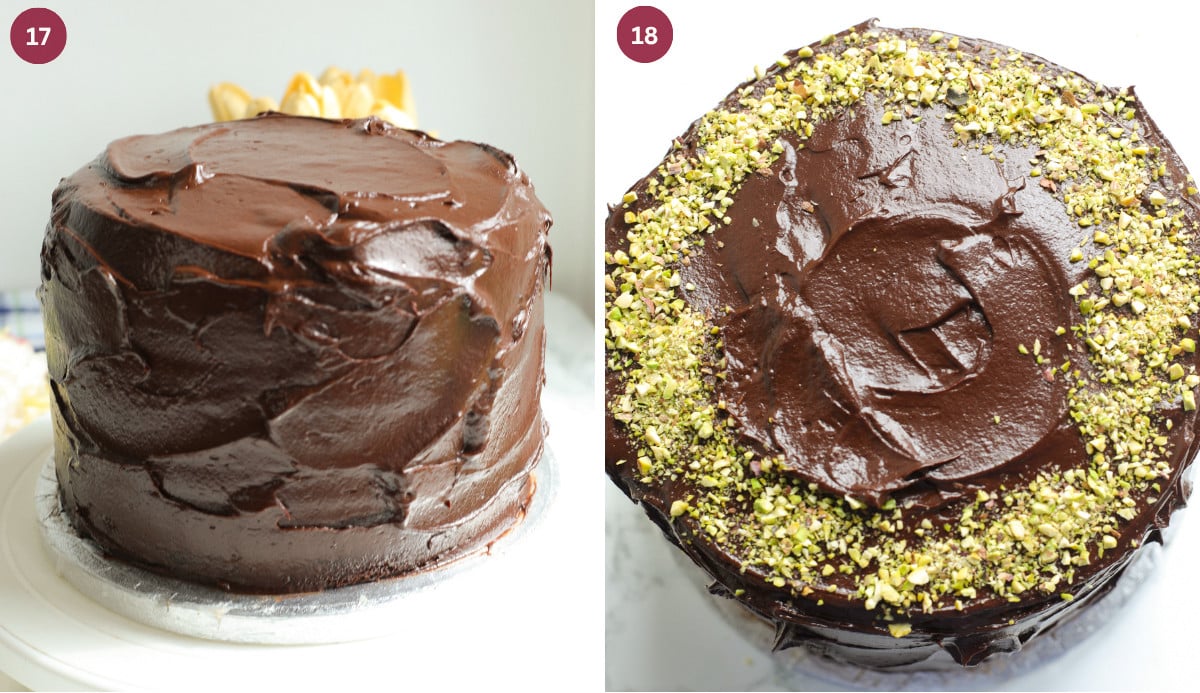 Three layers of Dubai cake frosted with chocolate ganache and a pistachio topping.