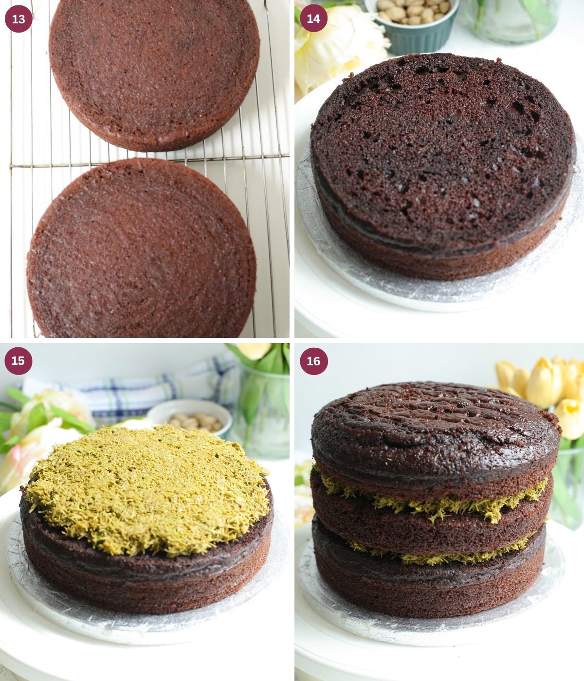 Three layers of chocolate cake filled with pistachio kanafi. 