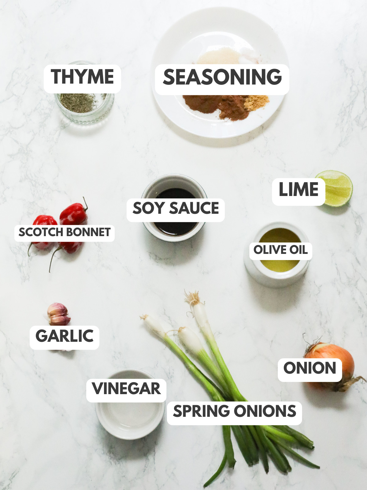 Thyme, seasoning, soy sauce, scotch bonnet, oil, onion, garlic, spring onions, lime and vinegar.