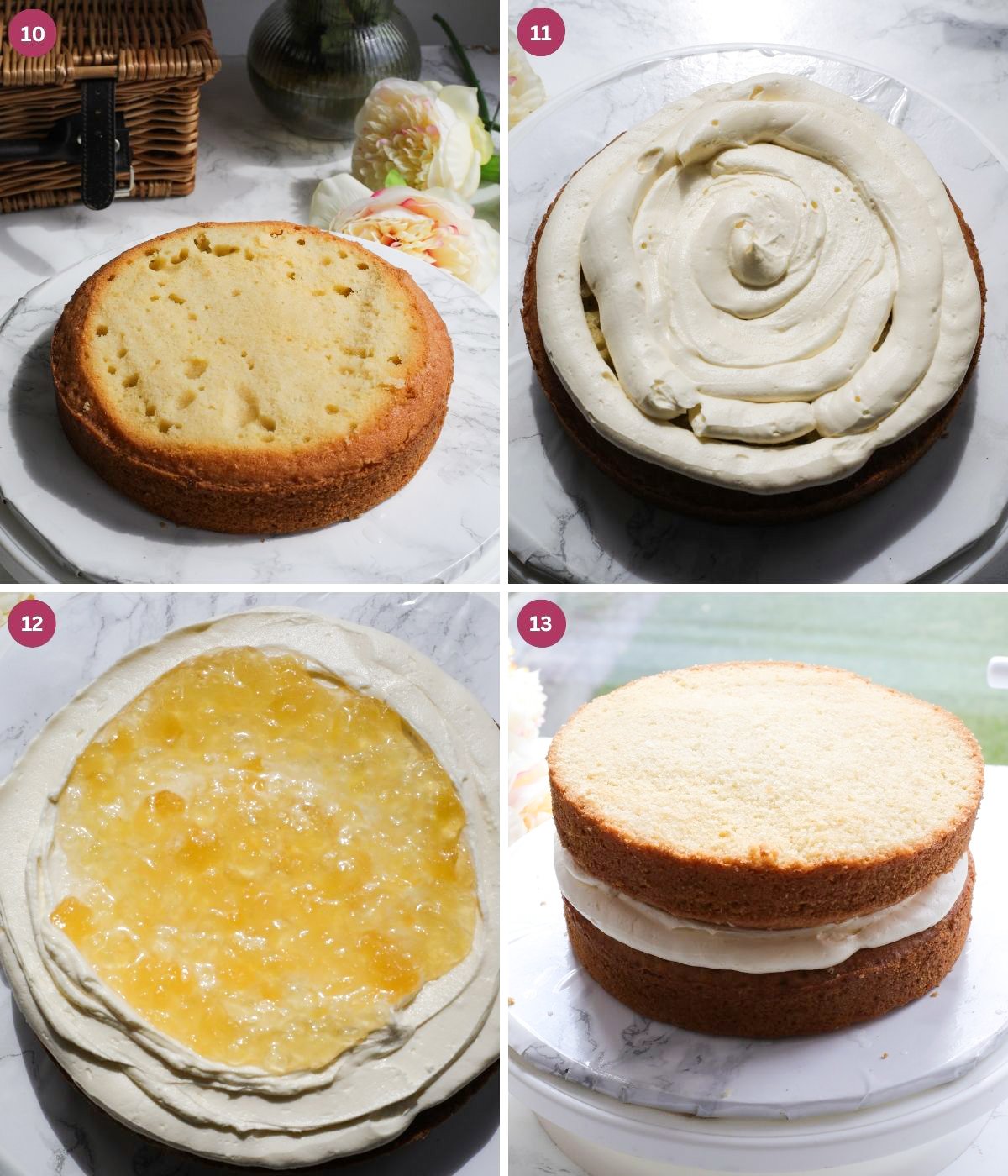 Two cake slices frosted with coconut frosting and a pineapple filling.
