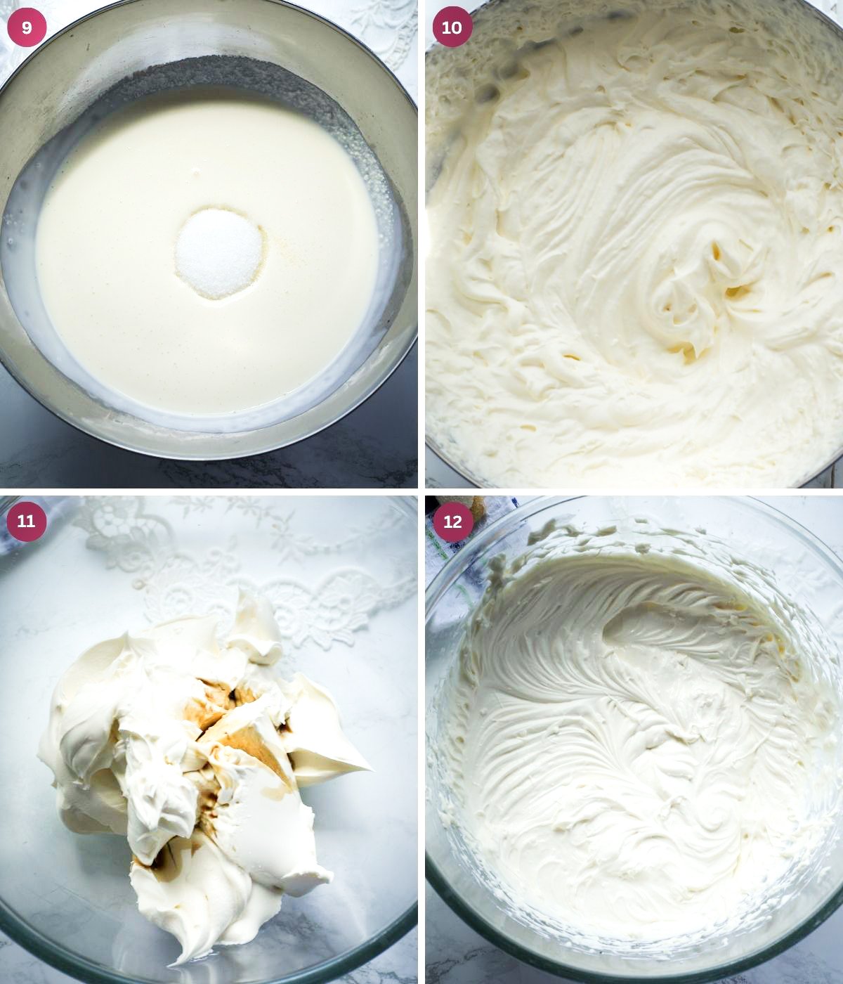 Whipped cream and sugar whipped in a bowl. Mascarpone and vanilla.