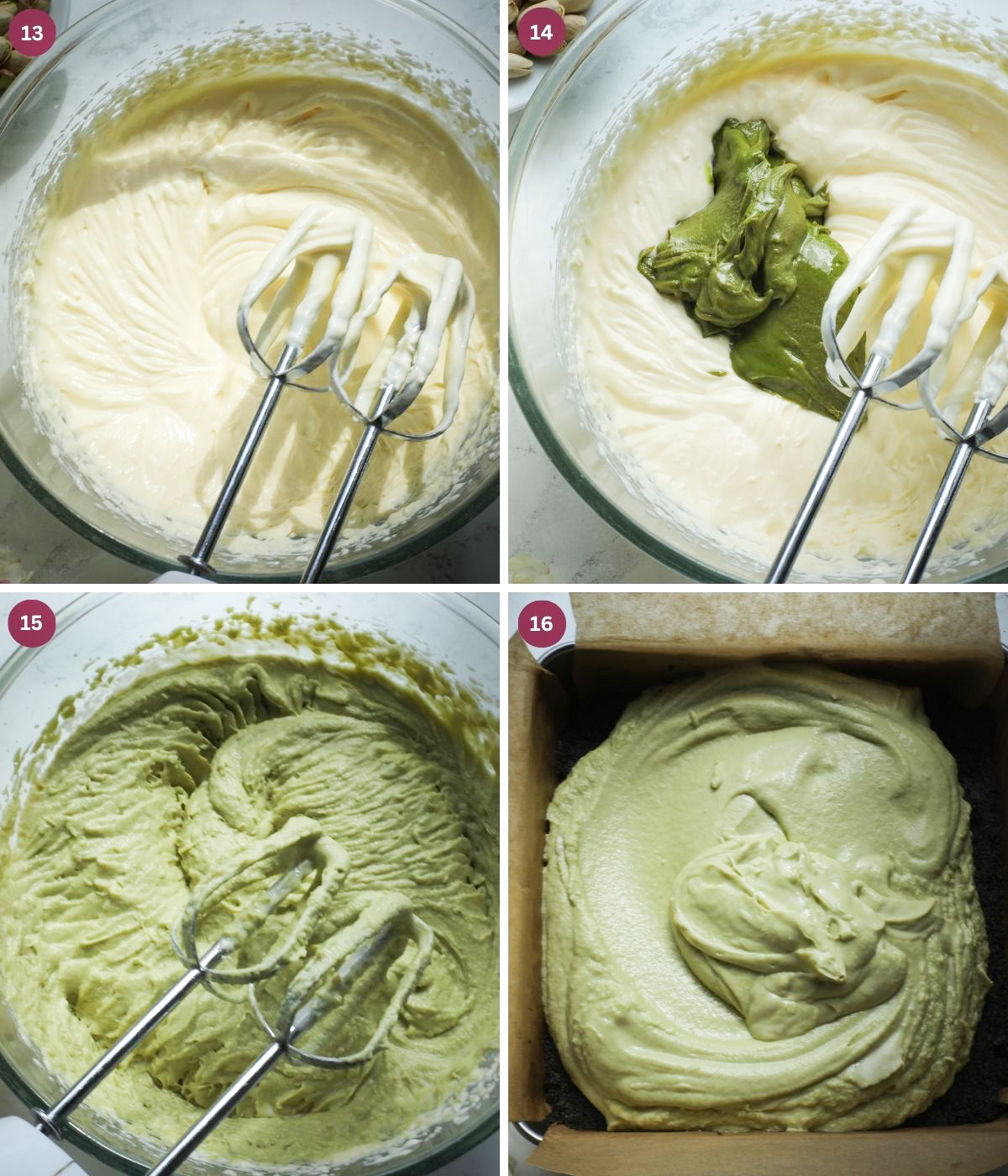 Whipped cream, condensed milk and pistachio cream in a bowl and in the tin.