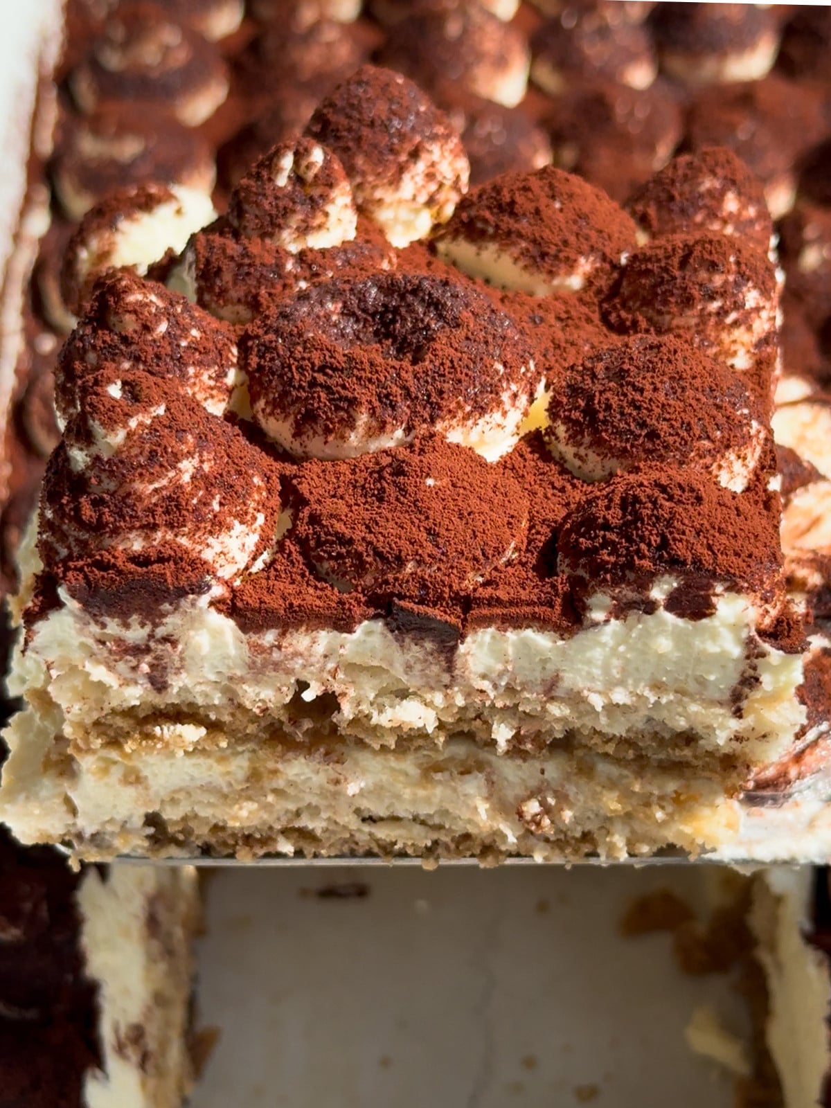 A slice of eggless tiramisu.
