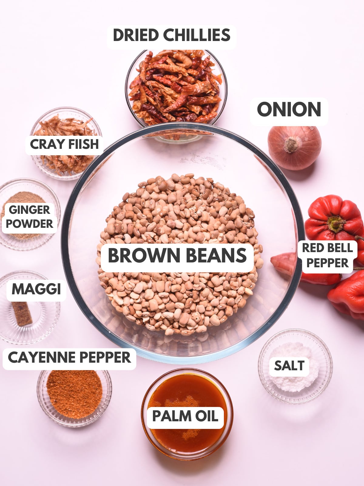 Cray fish, dried chillies, onion, red bell peppers, salt, palm oil, pepper, maggi and ginger powder.