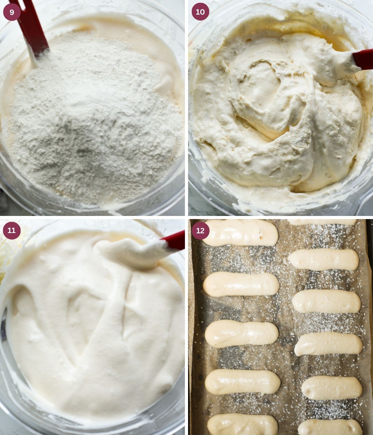 Egg mixture, flour, and cornstarch folded in a bowl and piped onto a lined baking sheet.