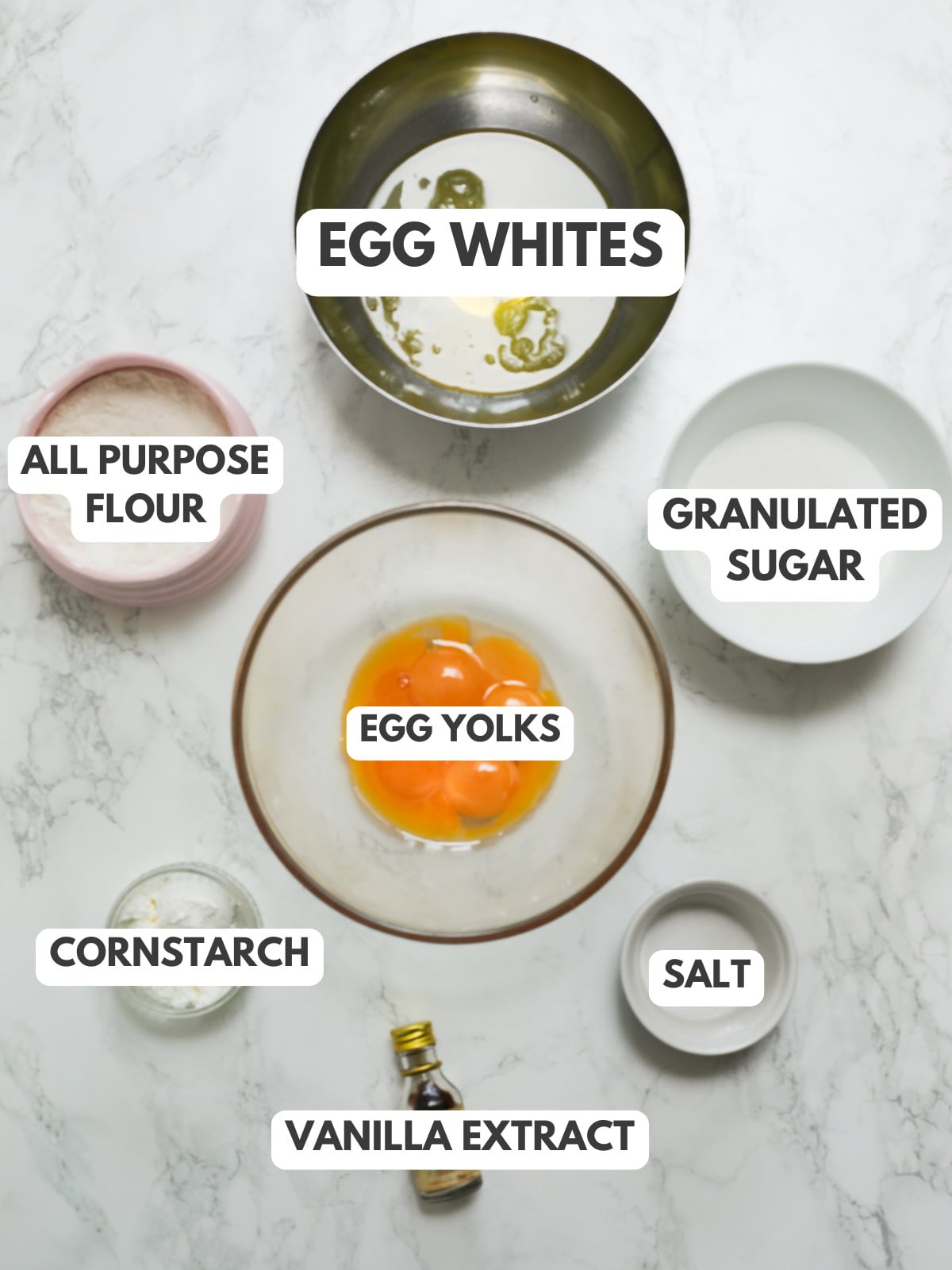 Egg whites, egg yolks, all purpose flour, sugar, salt, vanilla extract and cornstarch.