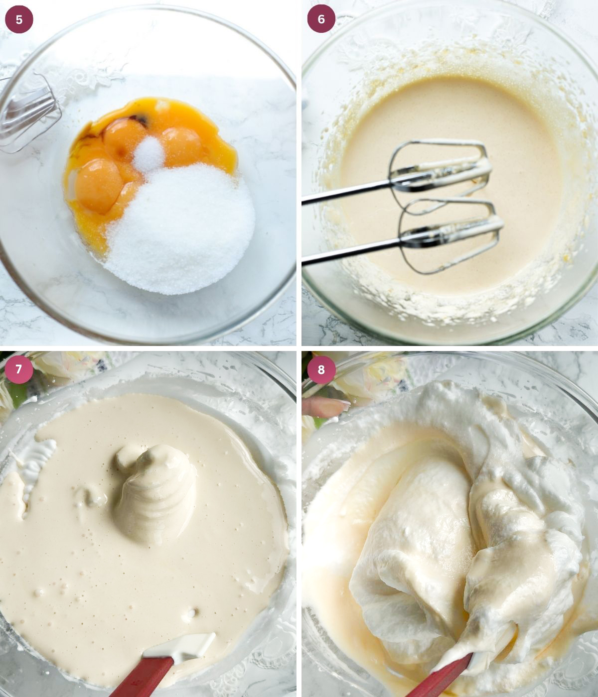 Egg yolks, sugar and salt whisked with egg whites.