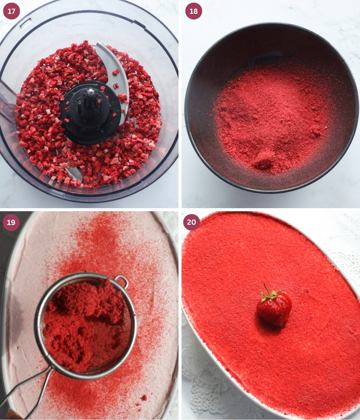 Freeze dried strawberries blended and dusted on top of tiramisu.