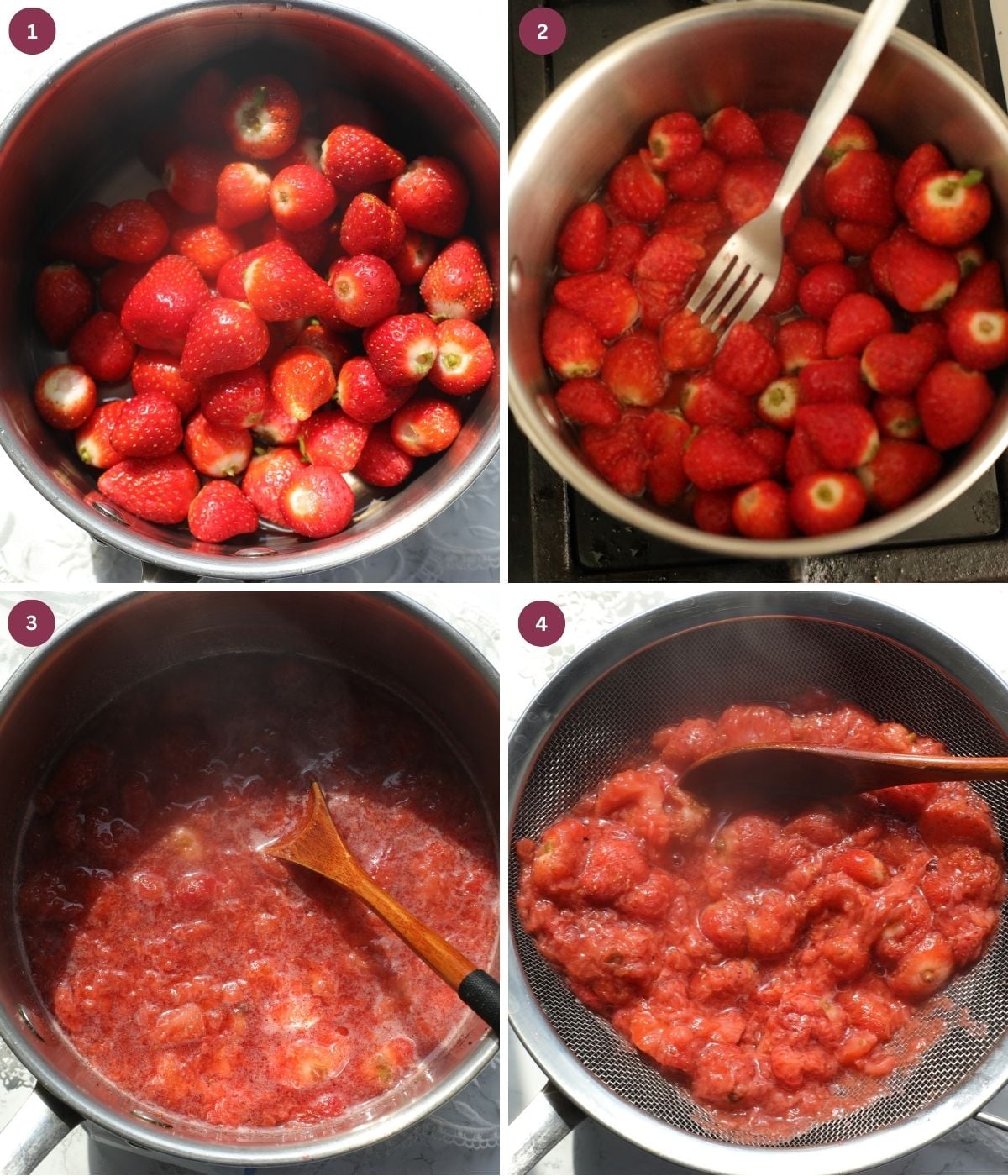 Fresh strawberries mashed, cooked and strained in a silver pot.