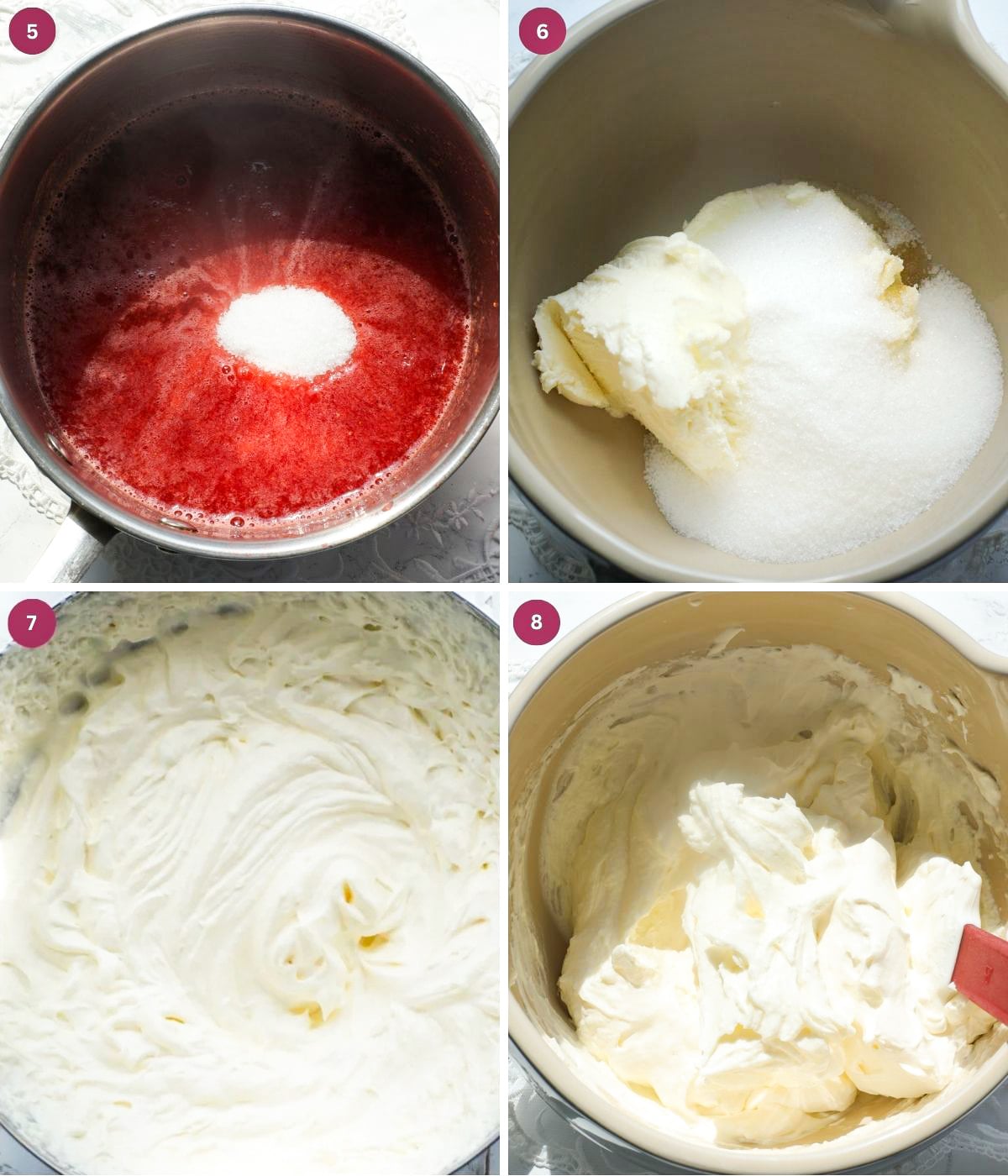 Fresh strawberry syrup with sugar, mascarpone, sugar, and whipped cream.