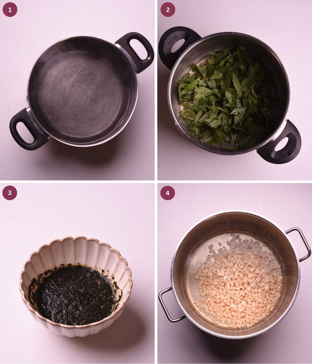 Hot water, fresh ewedu leaves, cooked ewedu and beans soaked in a pot.