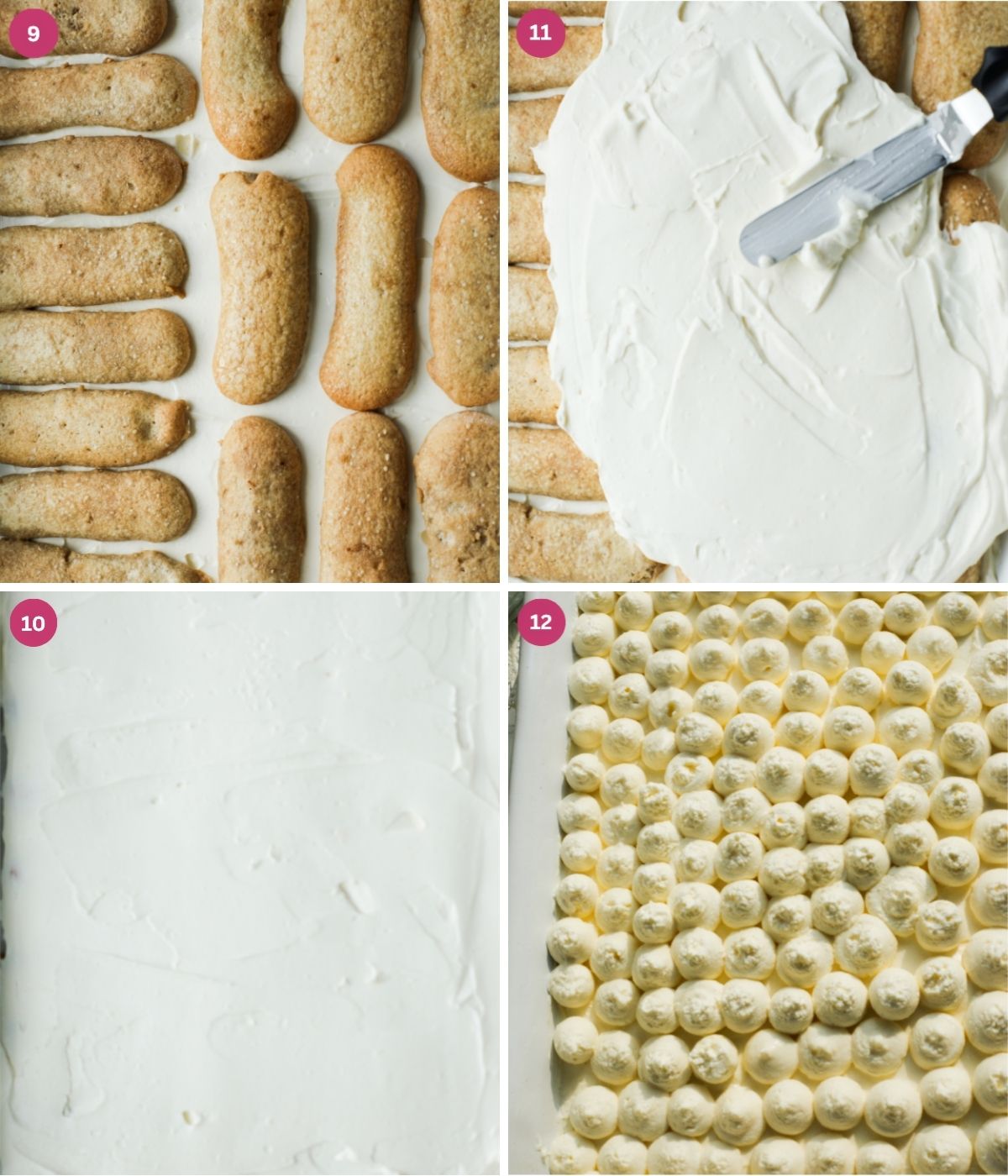 Layers of coffee soaked ladyfingers and mascapone filling in a dish.