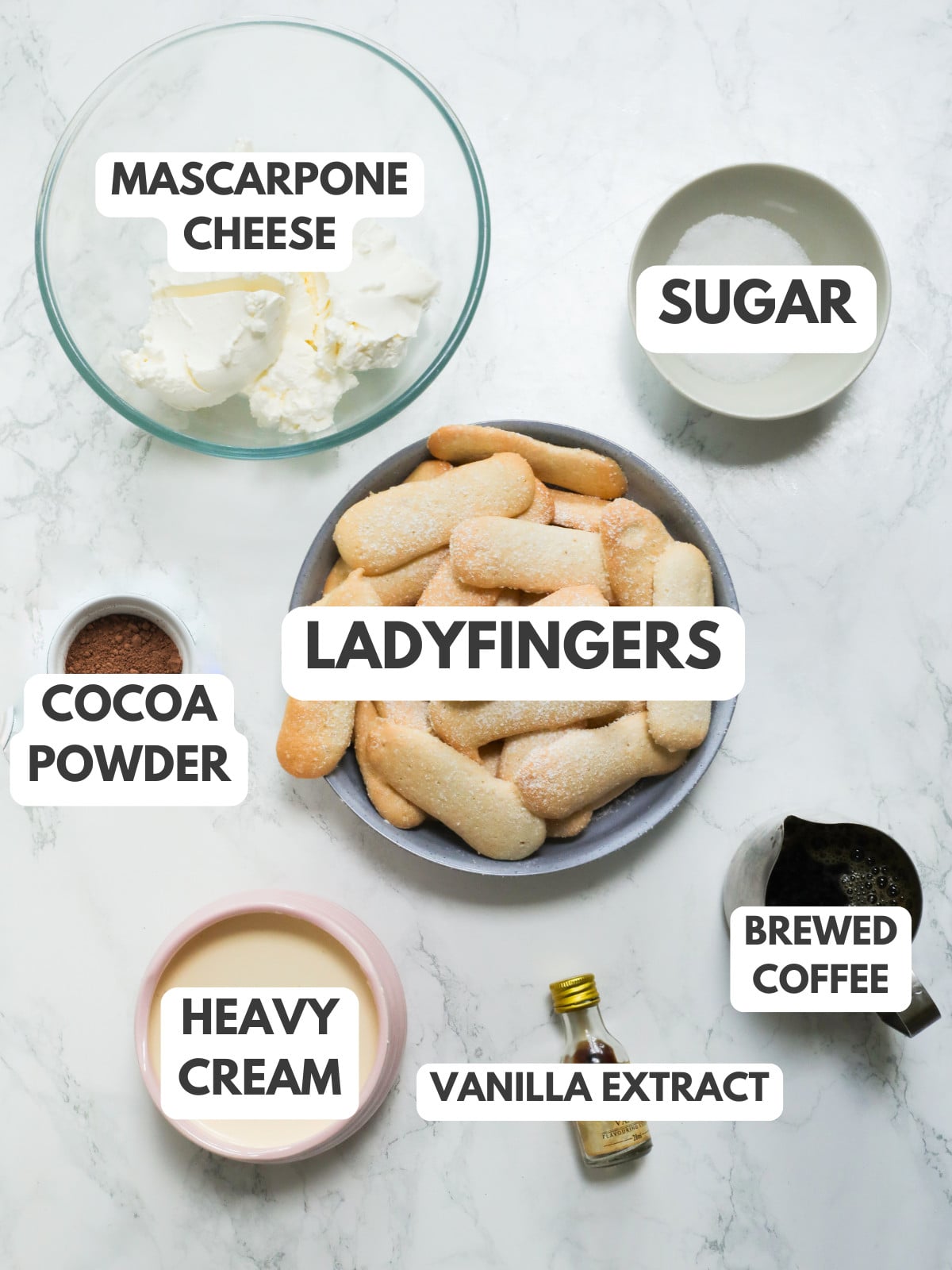 Mascarpone cheese, sugar, cocoa powder, ladyfingers, brewed coffee, vanilla and heavy cream.