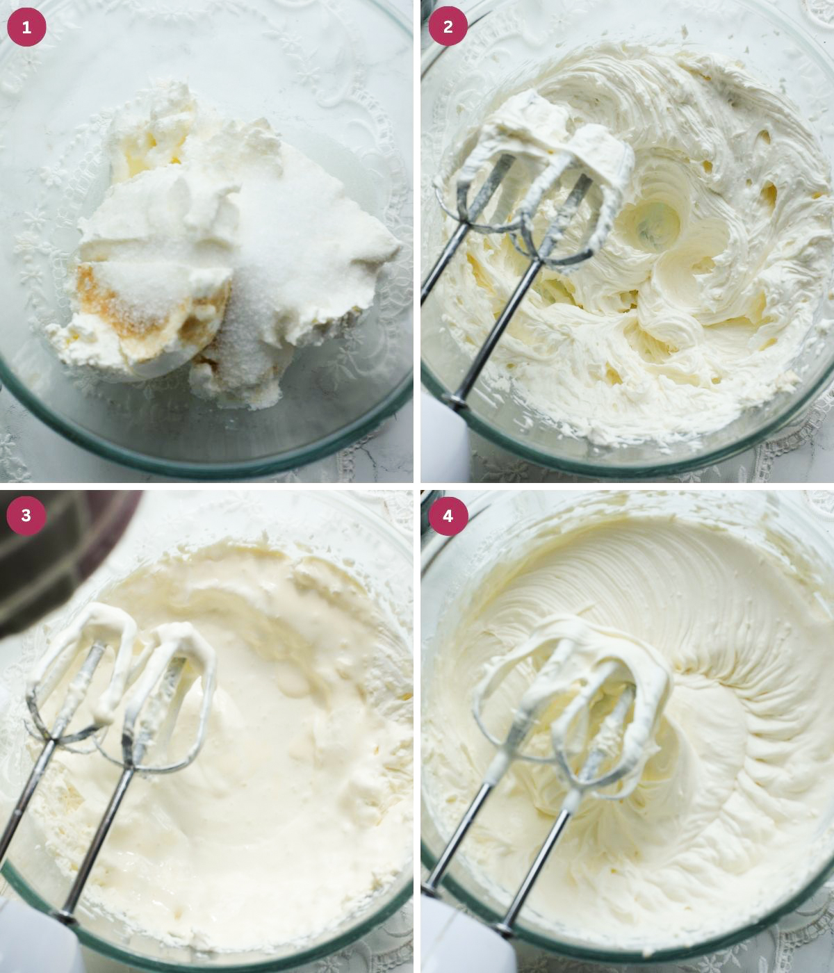 Mascarpone cheese, sugar, vanilla and heavy cream whisked in a bowl.