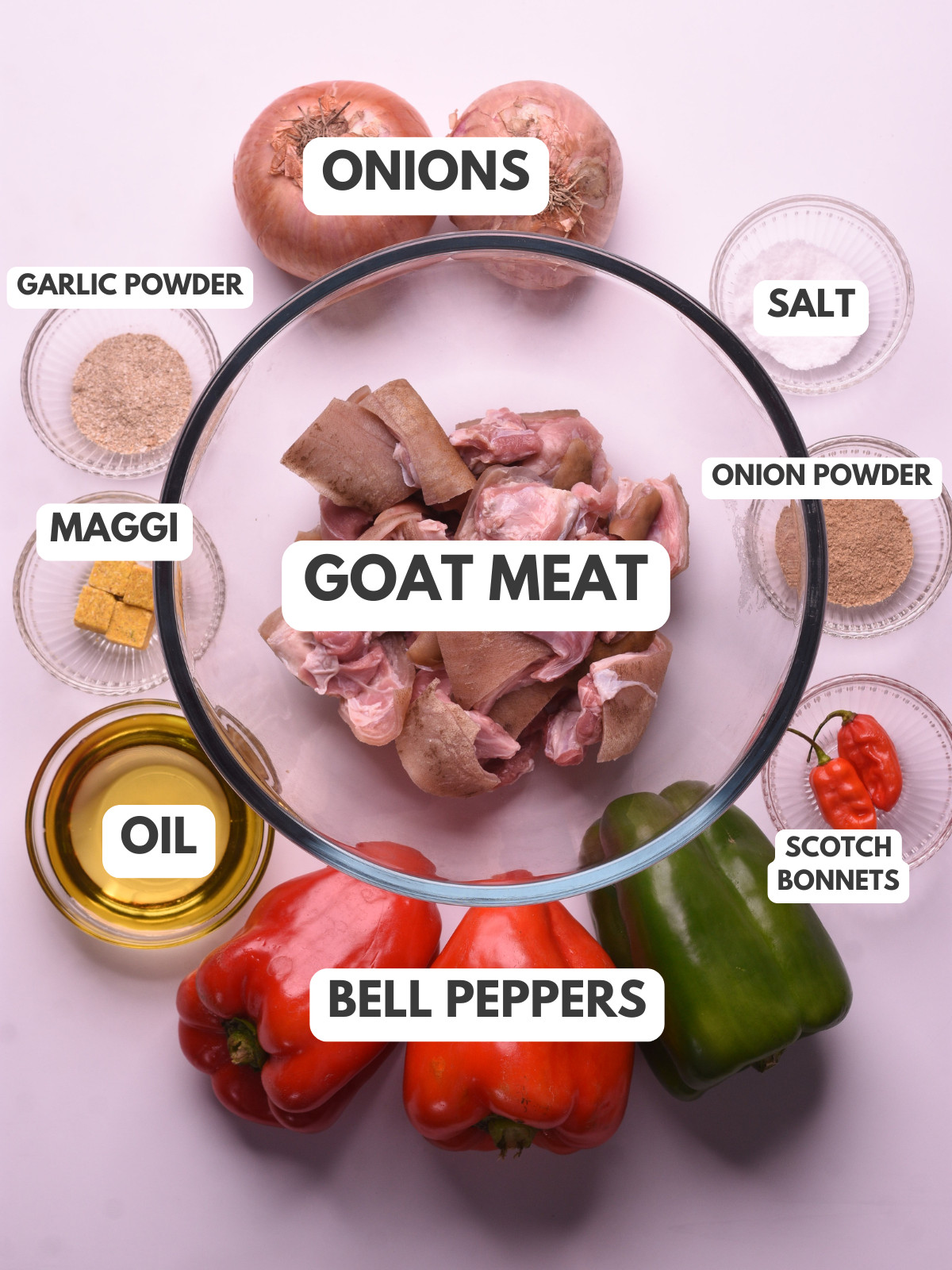 Onions, salt, goat meat, bell peppers, scotch bonnets, maggi, oil and onion powder.