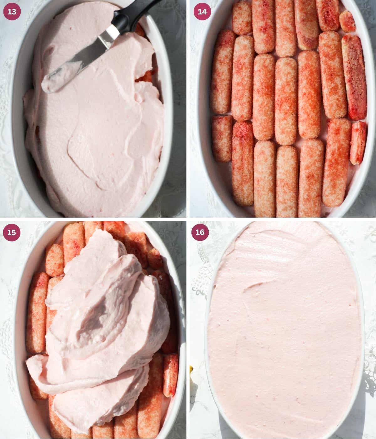 Strawberry mascarpone filling and strawberry soaked ladyfingers in an oval dish.