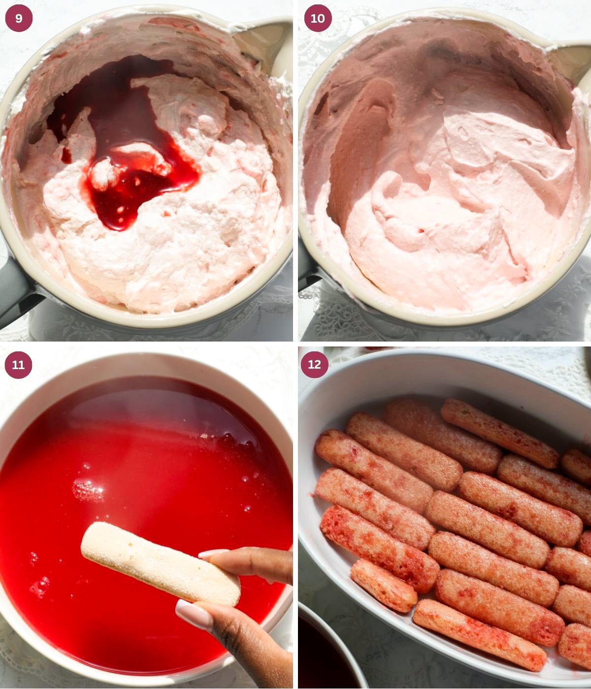 Strawberry syrup mixed with mascarpone filling and strawberry sooaked ladyfingers in a dish.