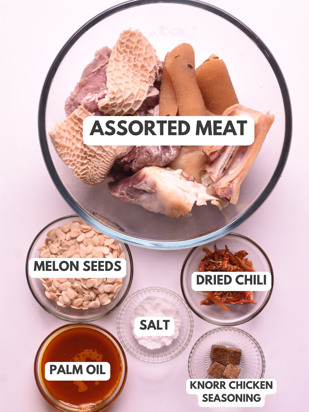 Knorr, palm oil, dried chili, melon seeds and assorted meat.