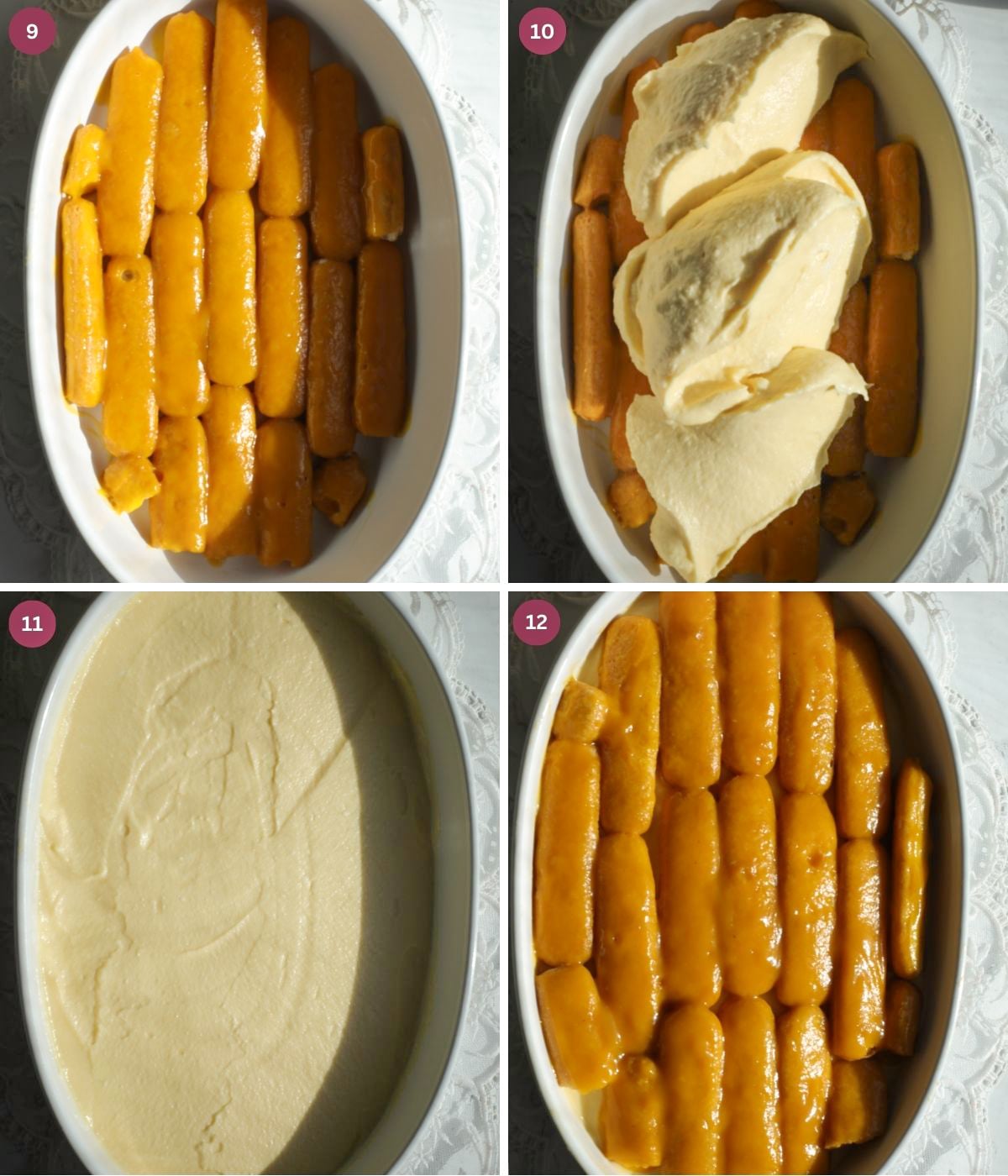 Mango dipped ladyfingers, and mango mascarpone layered in a dish.