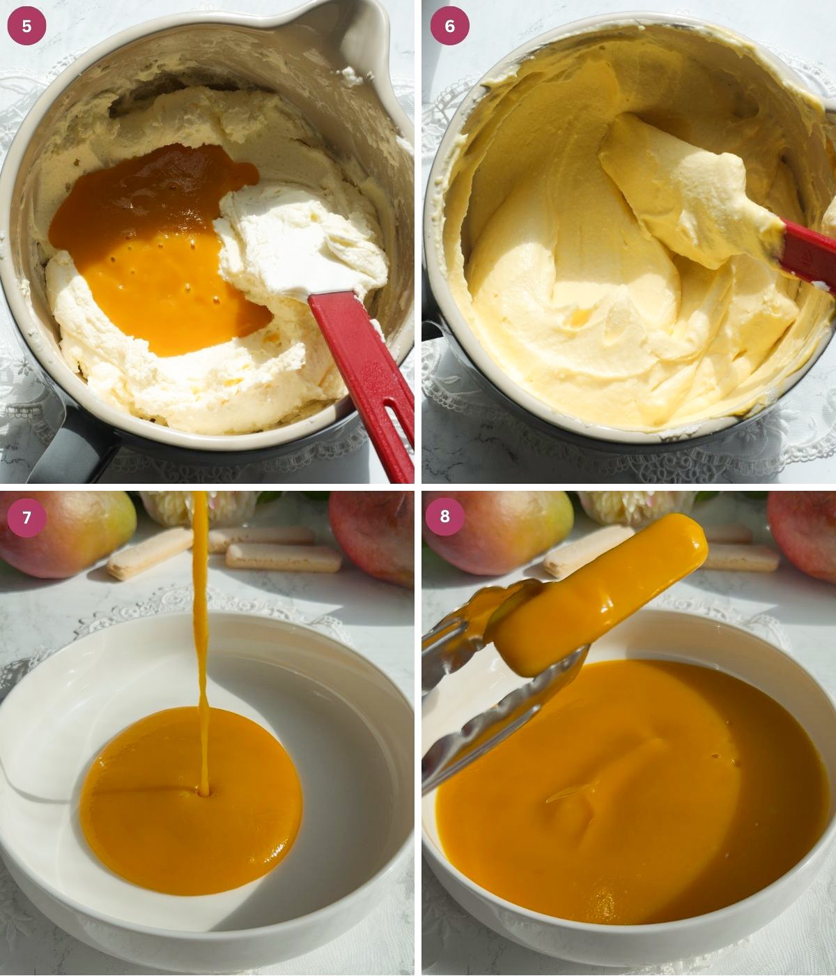 Mango mascarpone, ladyfingers and mango pulp in a bowl.