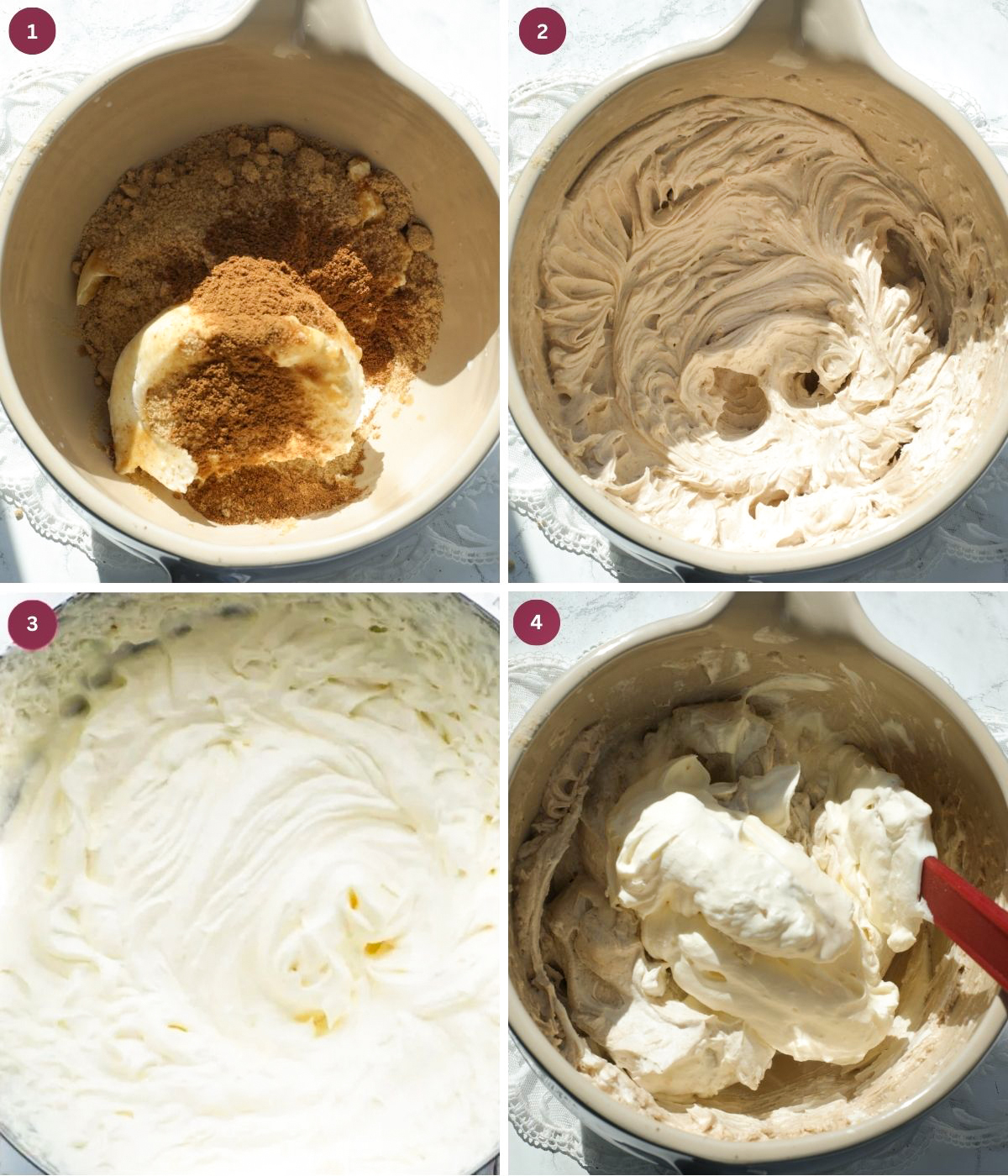 Mascarpone cheese, brown sugar, cinnamon and heavy cream mixed in a bowl.