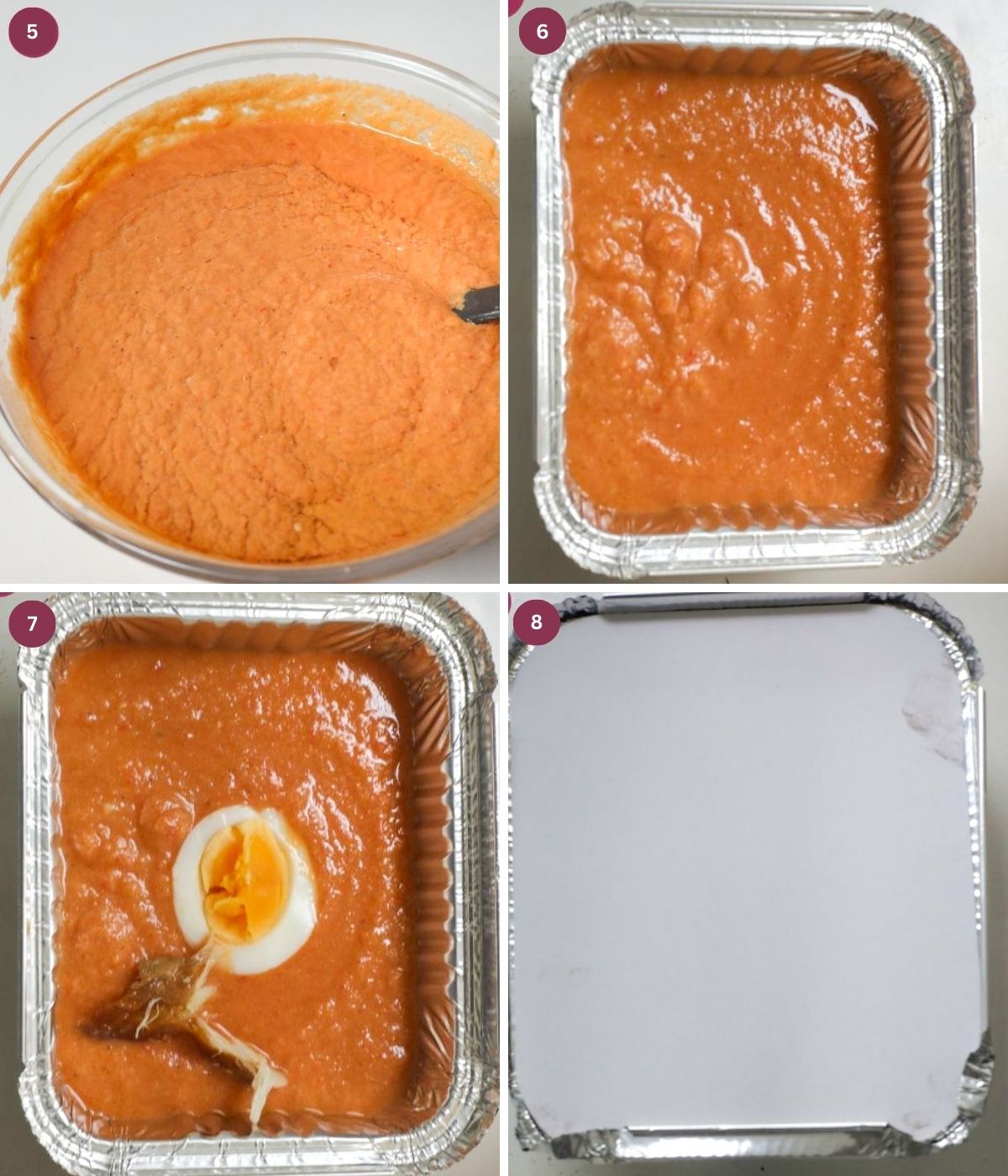 Moimoi batter in a rectangle foil pack with boiled egg and fish.