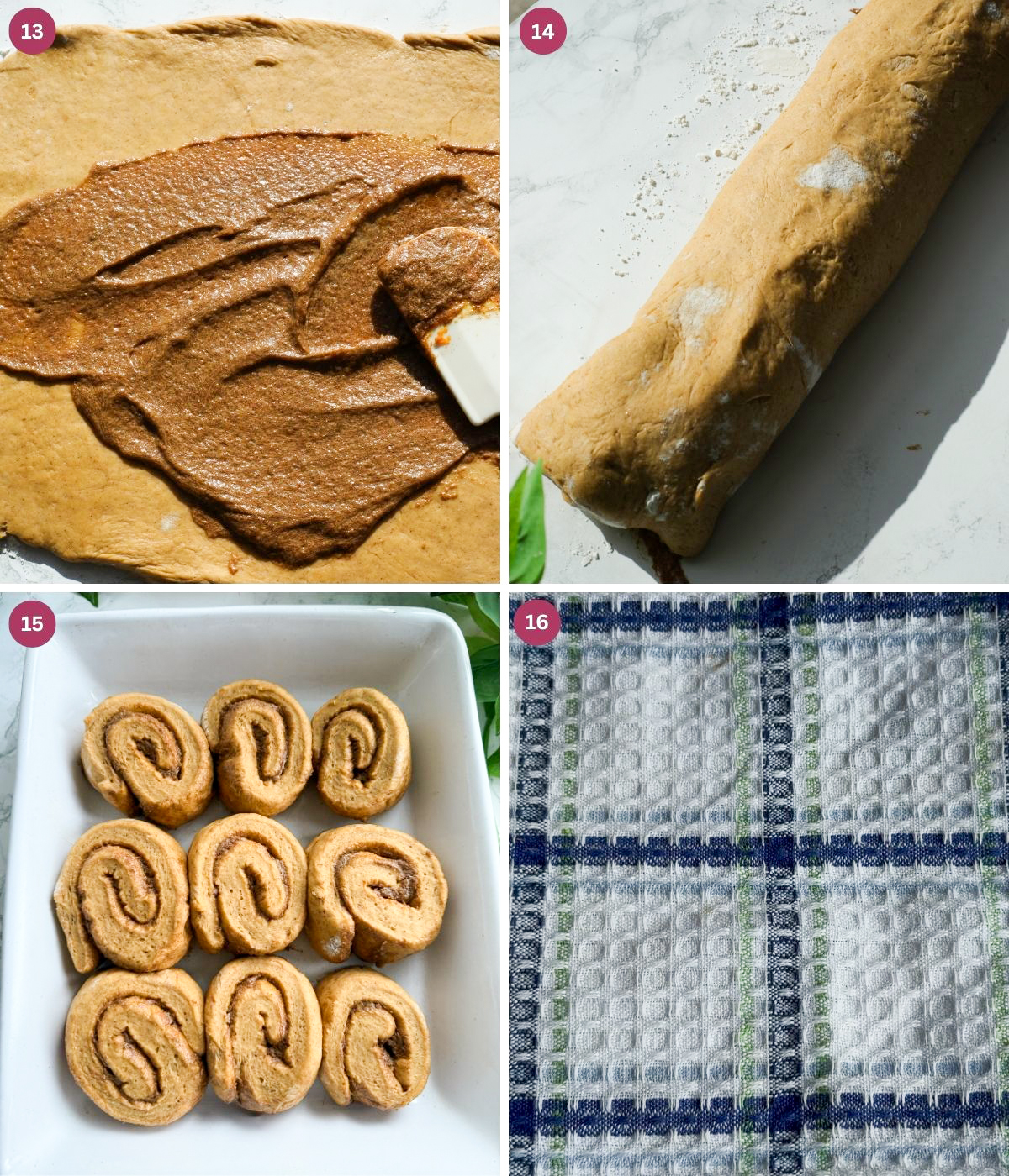 Pumpkin bun filling, dough rolled on a table rising.
