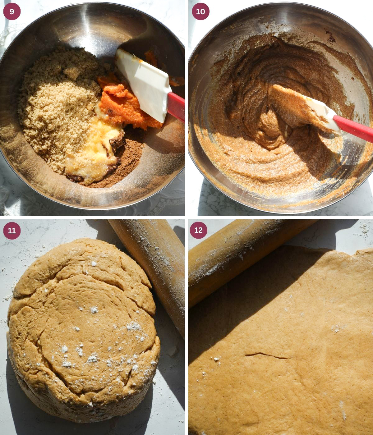 Pumpkin bun filling and dough rolled on a table.