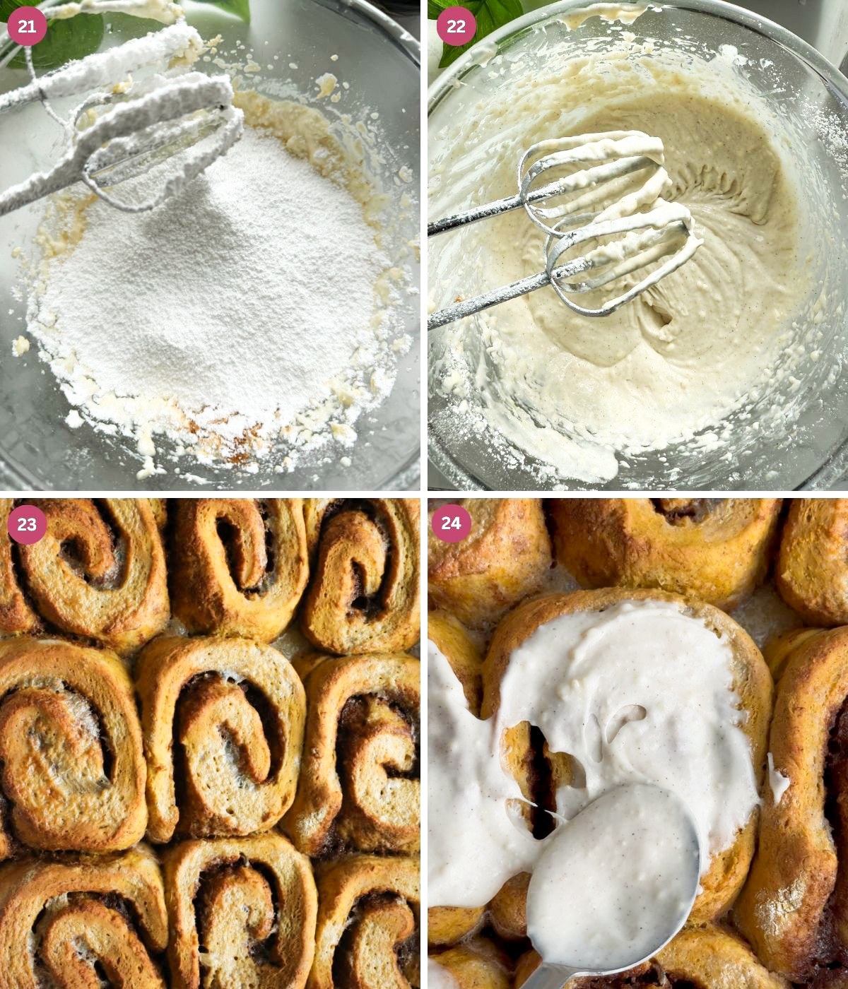 Pumpkin cream cheese icing in a bowl. Pumpkin buns topped with icing.