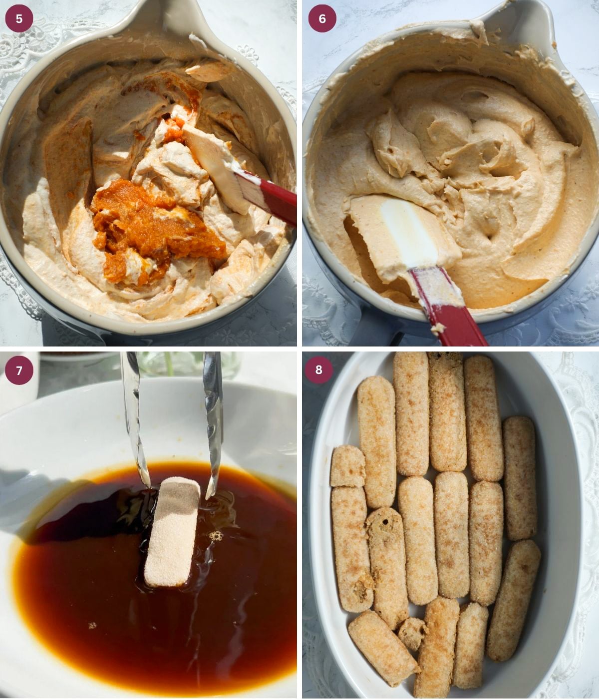 Pumpkin puree -mascarpone mixture and coffee soaked ladyfingers.