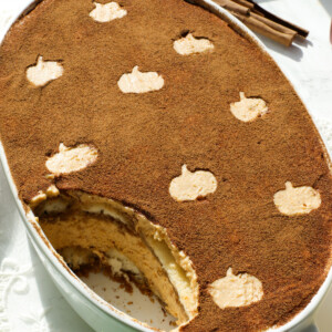 Pumpkin tiramisu with cinnamon on top in an oval dish.
