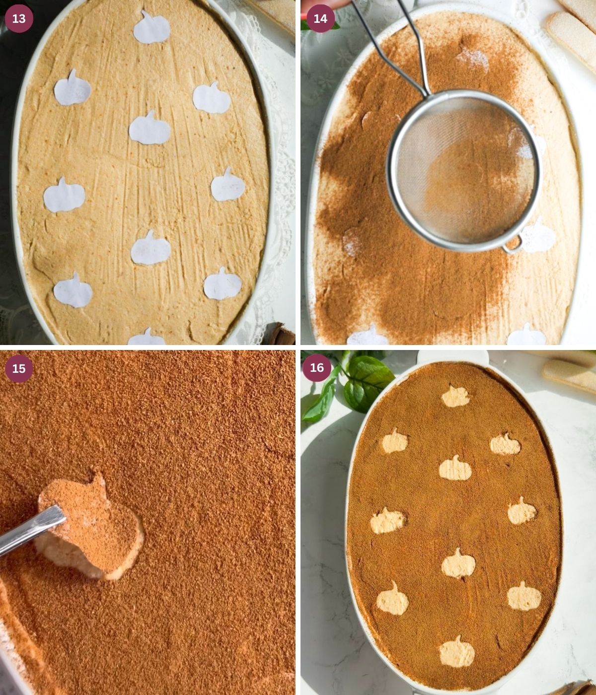 Pumpkin tiramisu with cinnamon powder and a pumpkin pattern on top.