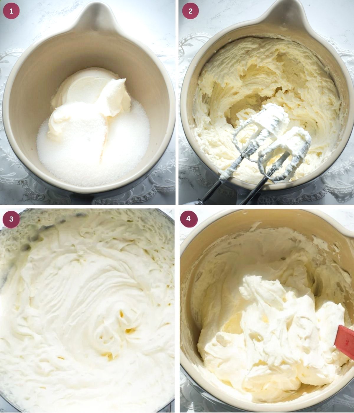 Sugar, mascarpone, vanilla whipped cream mixed in a bowl.