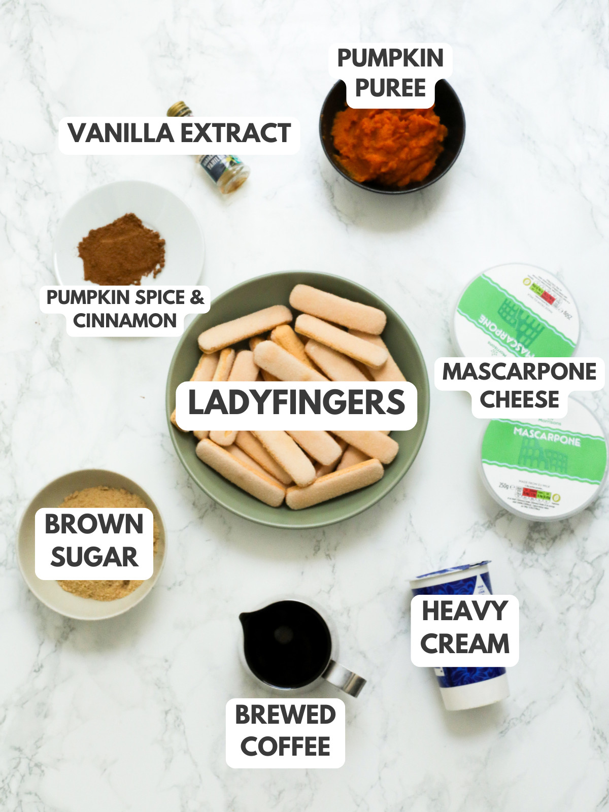 Vanilla, pumpkin puree, pumpkin spice, ladyfingers, mascarpone cheese, brown sugar, coffee and heavy cream.