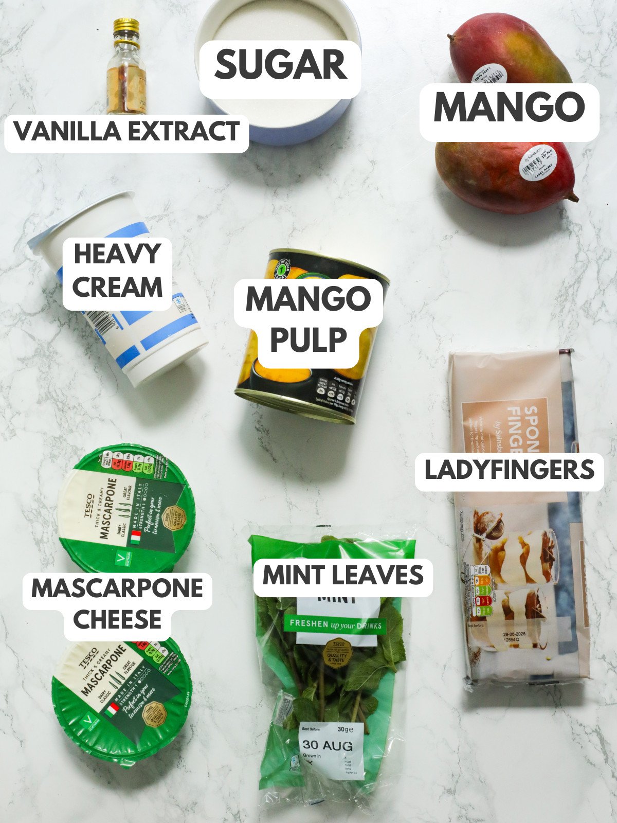 Vanilla, sugar, mango, pulp, heavy cream, mascarpone, mint and ladyfingers.