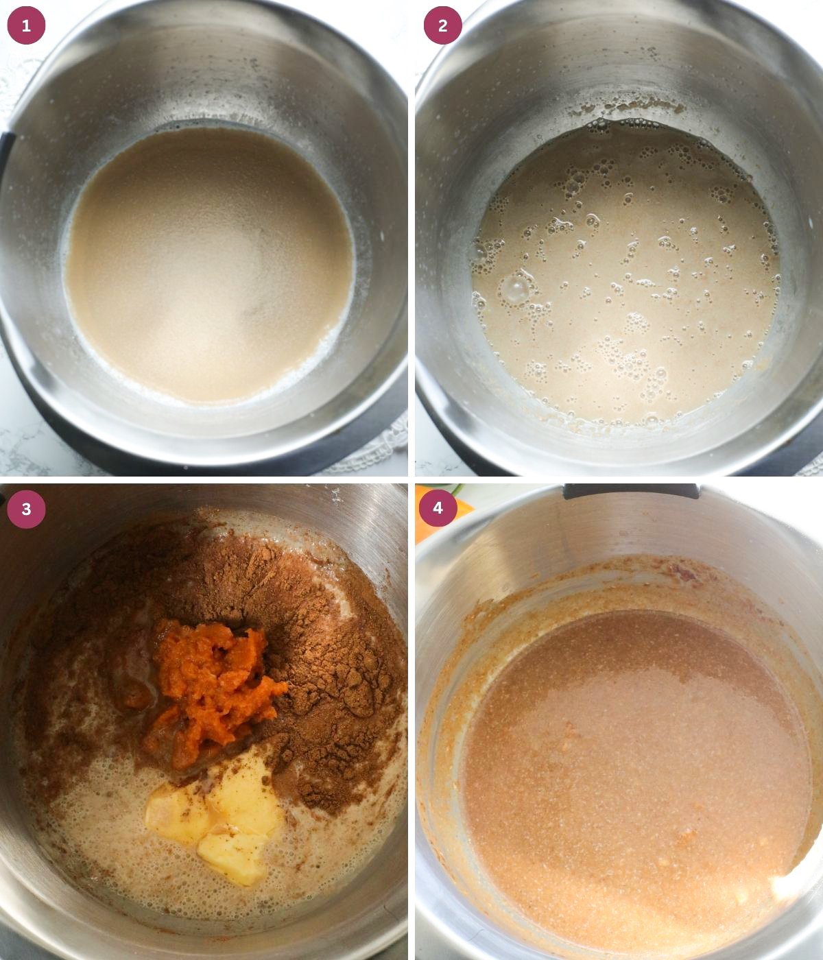 Warm milk, yeast, pumpkin puree, butter and pumpkin spice in a bowl.