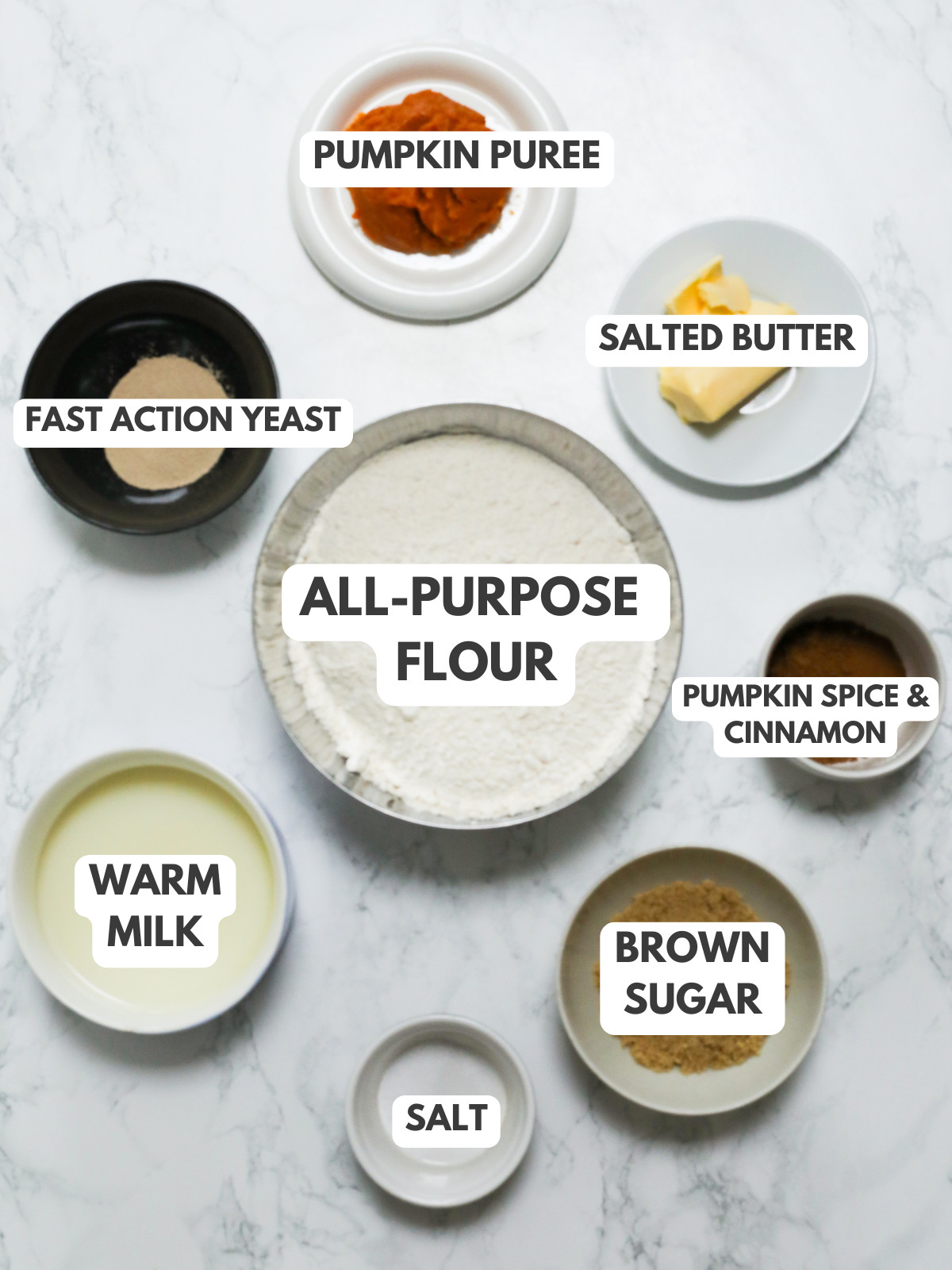 Yeast, pumpkin puree, butter, flour, pumpkin spice, brown sugar, salt and milk.
