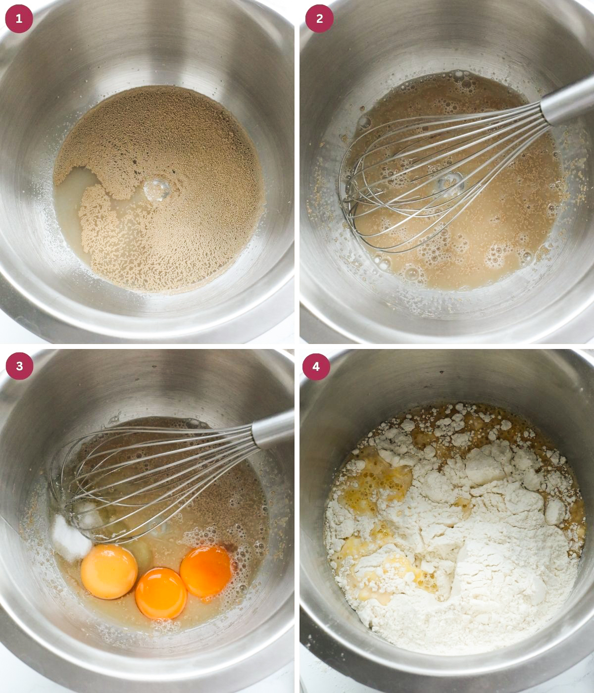 Active dry yeast, warm water, eggs, sugar, flour, butter and milk.