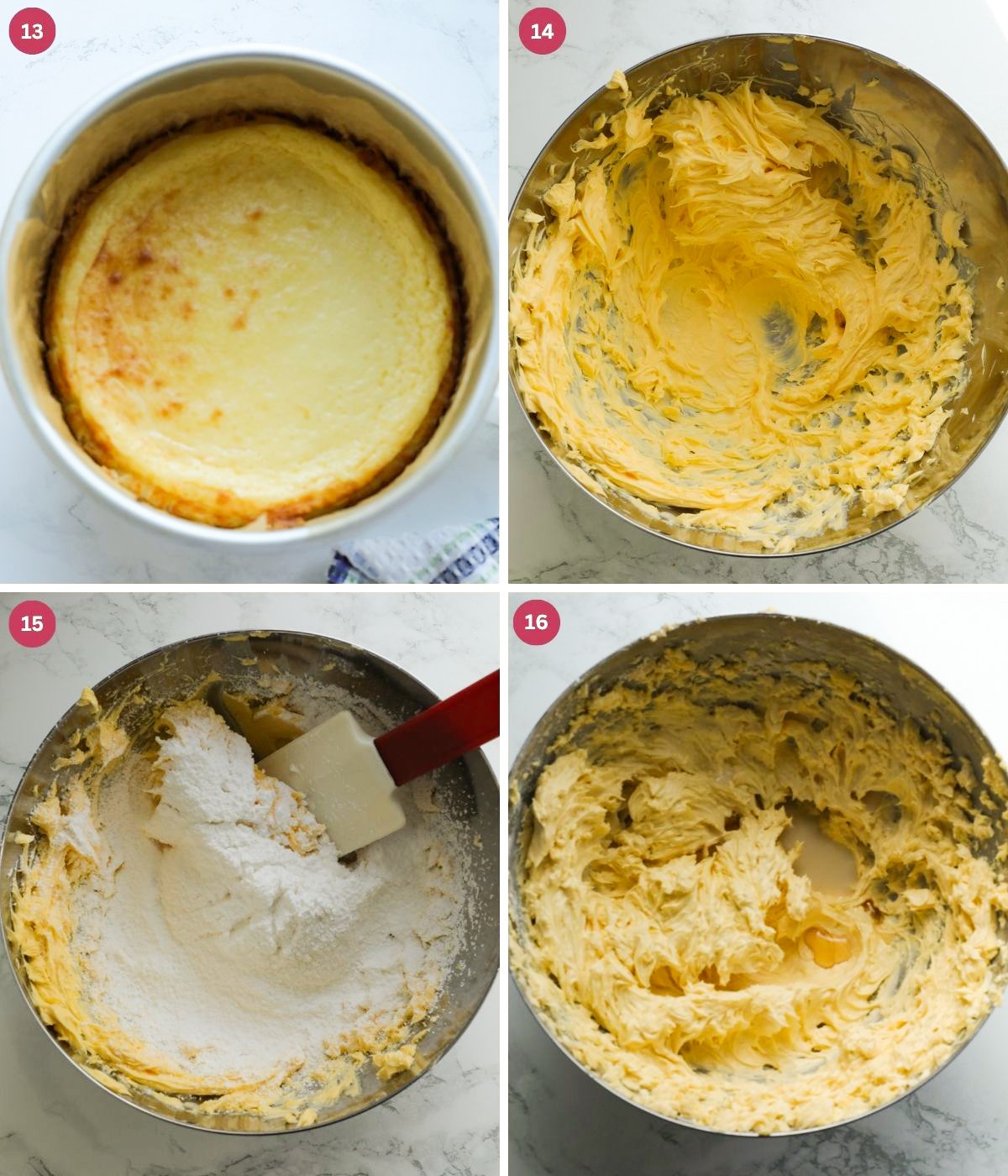 Baked cheesecake in a tin. Butter and icing sugar whisked in a bowl.