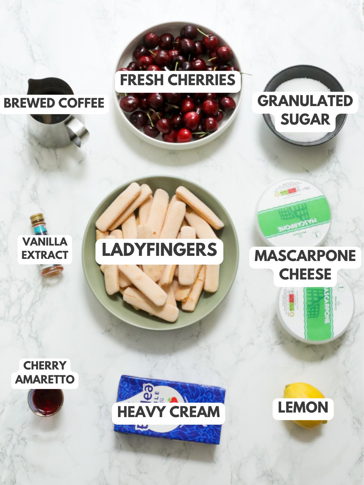 Brewed coffee, cherries, sugar, ladyfingers, mascarpone, lemon, heavy cream and cherry amaretto.