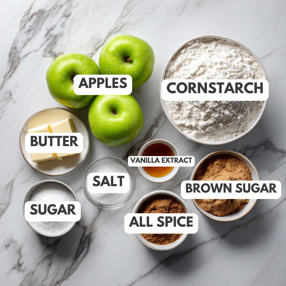 Butter, apples, cornstarch, vanilla, salt, brown sugar, and all spice. 