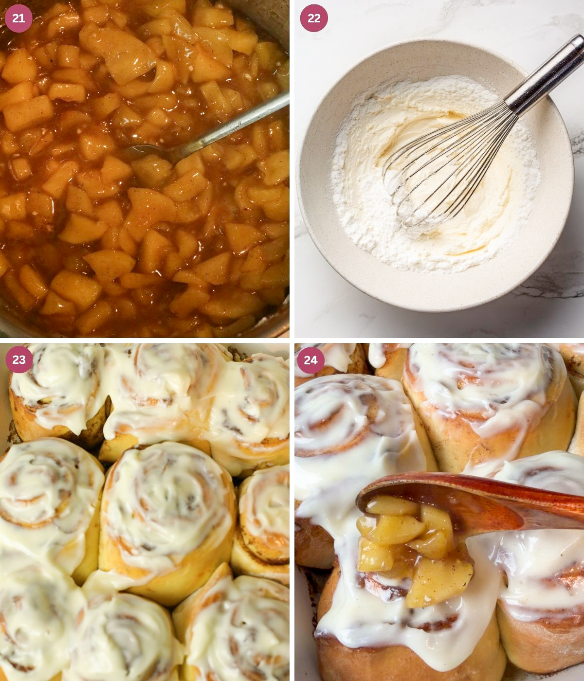 Caramelized apple topping, cream cheese glaze and cinnamon rolls.