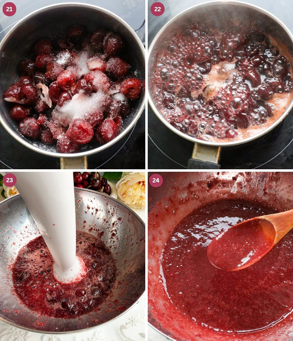 Cherries cooked in a pot then blended with a hand blender.  
